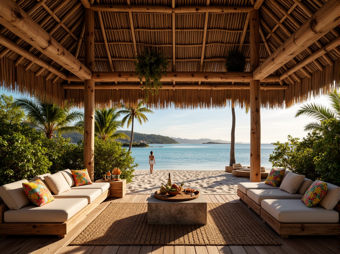 Prompt: Vibrant tropical hut, thatched roof, woven bamboo walls, natural wood accents, exotic floral patterns, colorful tiki torches, lush greenery, palm trees, sandy beach, clear turquoise water, warm sunny day, soft golden lighting, shallow depth of field, 3/4 composition, realistic textures, ambient occlusion, weathered wooden planks, distressed stone surfaces, woven rattan furniture, plush tropical prints, intricate carvings, natural fiber rugs.