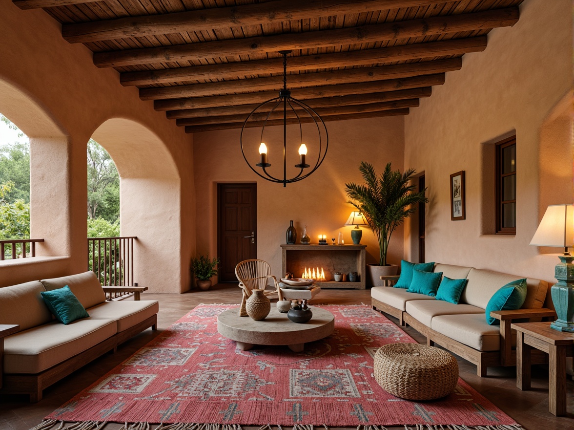 Prompt: Southwestern-style interior, warm earthy tones, natural materials, wooden beams, stucco walls, rustic furnishings, vibrant turquoise accents, woven textiles, pendant lanterns, table lamps, floor lamps, candlelight, soft warm glow, ambient lighting, cozy atmosphere, desert-inspired decor, cactus-shaped decorative elements, geometric patterns, woven baskets, clay pottery, adobe-style architecture, warm beige colors, sandy neutrals, earthy red hues.