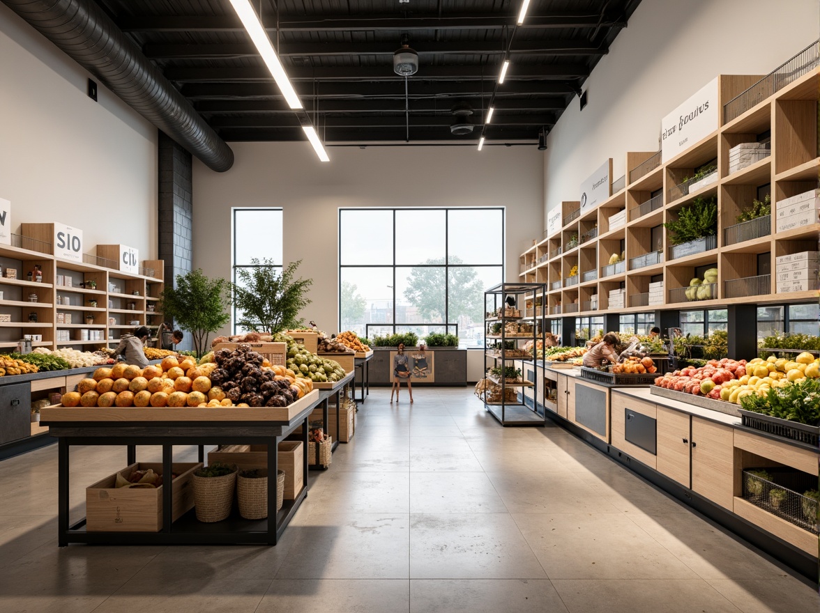 Prompt: Minimalist grocery store, softbox lighting, warm white tones, subtle shadows, natural textures, wooden shelves, industrial metal racks, matte finishes, neutral color palette, calm atmosphere, high ceilings, large windows, diffused daylight, LED strip lights, track lighting, accent lighting, display cases, fresh produce stands, modern refrigeration units, urban concrete floors, minimalist signage, simplified typography, clean lines, geometric shapes, 1/1 composition, soft focus, ambient occlusion.