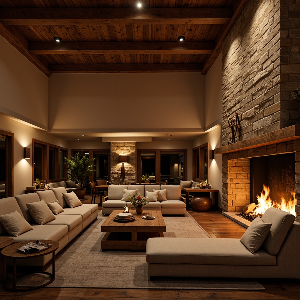 Prompt: Warm great room, crackling fireplace, rustic wooden mantel, plush sofas, soft cushions, warm beige walls, dark wood flooring, cozy reading nooks, floor-to-ceiling windows, natural stone surrounds, flickering flames, ambient warm lighting, shallow depth of field, 1/2 composition, intimate atmosphere, inviting textures, realistic fire effects.