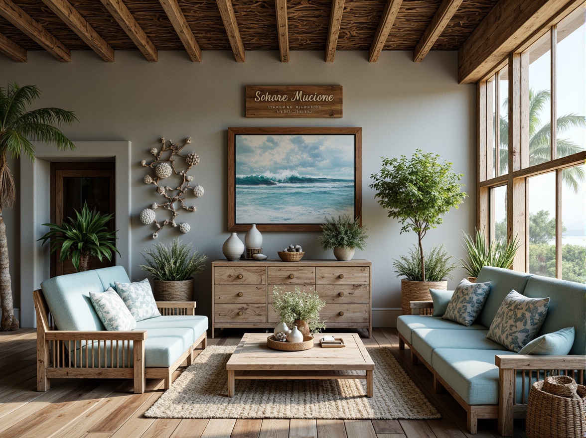 Prompt: Driftwood accents, ocean-blue hues, natural textiles, woven sea grass, coral-inspired patterns, distressed wood furniture, vintage nautical decor, seashell adornments, beachy signage, sandy neutrals, calming atmosphere, soft warm lighting, shallow depth of field, 3/4 composition, panoramic view, realistic textures, ambient occlusion.