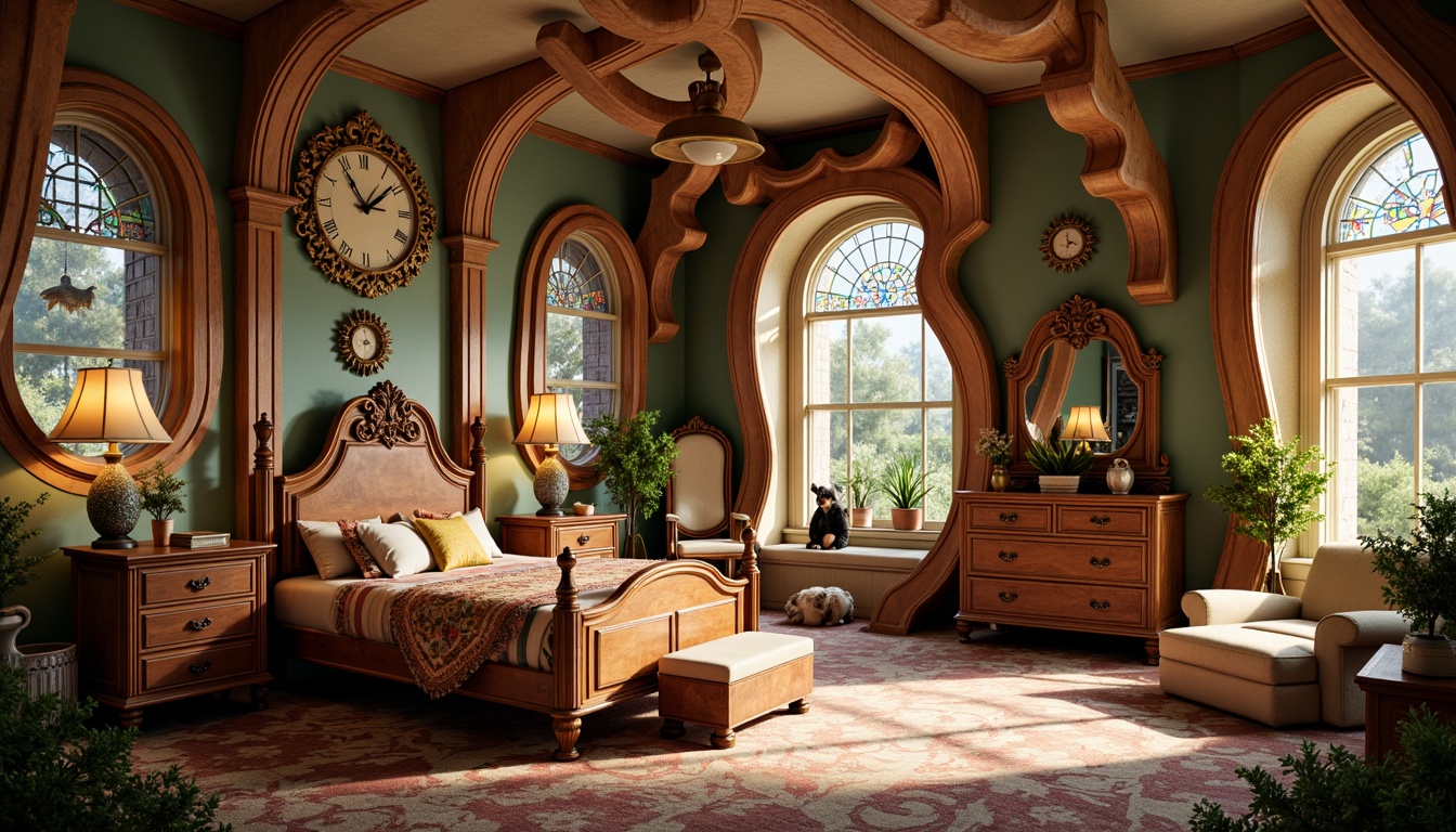 Prompt: Whimsical children's bedroom, ornate furniture, sinuous lines, organic shapes, flowing curves, vibrant colors, stained glass windows, iridescent fabrics, luxurious velvet, intricate carvings, natural wood tones, elegant metalwork, playful patterns, fantastical creatures, dreamy atmosphere, soft warm lighting, shallow depth of field, 1/1 composition, intimate close-up shots, realistic textures, ambient occlusion.