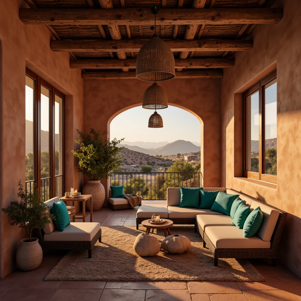 Prompt: Southwestern adobe architecture, warm terracotta walls, rustic wooden beams, vibrant turquoise accents, earthy clay pottery, natural fiber textiles, woven basket lights, pendant lanterns, candles in metal holders, ambient warm glow, softbox lighting, high-contrast shadows, warm beige tones, desert landscape views, vast open skies, dramatic sunset colors, warm golden hour, cinematic lighting, realistic textures, subtle rim lighting.