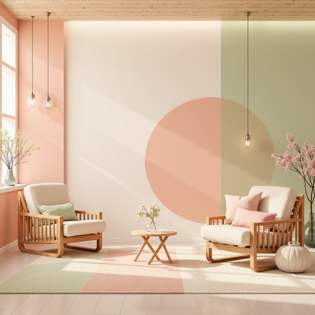 Prompt: Vibrant pastel hues, soft peach tones, creamy whites, gentle mint greens, warm beige backgrounds, natural wood accents, sleek metal details, subtle gradient effects, delicate floral patterns, airy transparent fabrics, luminous lighting, shallow depth of field, 1/1 composition, realistic textures, ambient occlusion.