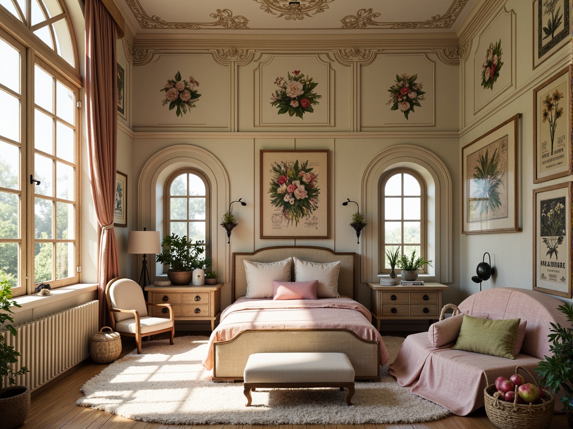 Prompt: Whimsical kids' room, curved wall lines, ornate plasterwork, botanical patterns, vintage posters, distressed wood accents, soft pastel hues, flowing organic shapes, elegant archways, stained glass windows, intricate metalwork, decorative moldings, luxurious velvet fabrics, oversized florals, warm golden lighting, 1/2 composition, romantic atmosphere, high-end finishes.