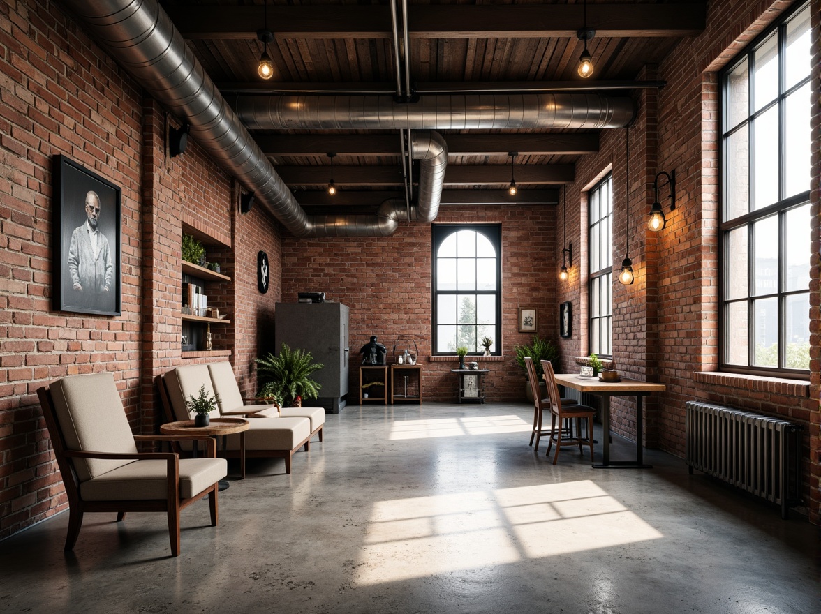 Prompt: Exposed brick walls, metal beams, industrial lighting fixtures, reclaimed wood accents, distressed concrete floors, urban loft atmosphere, functional pipes, minimalist decor, Edison bulb pendants, steel windows, industrial-style furniture, vintage manufacturing equipment, metallic color palette, high ceilings, open space layout, natural light pouring in, soft shadows, 1/1 composition, realistic textures, ambient occlusion.