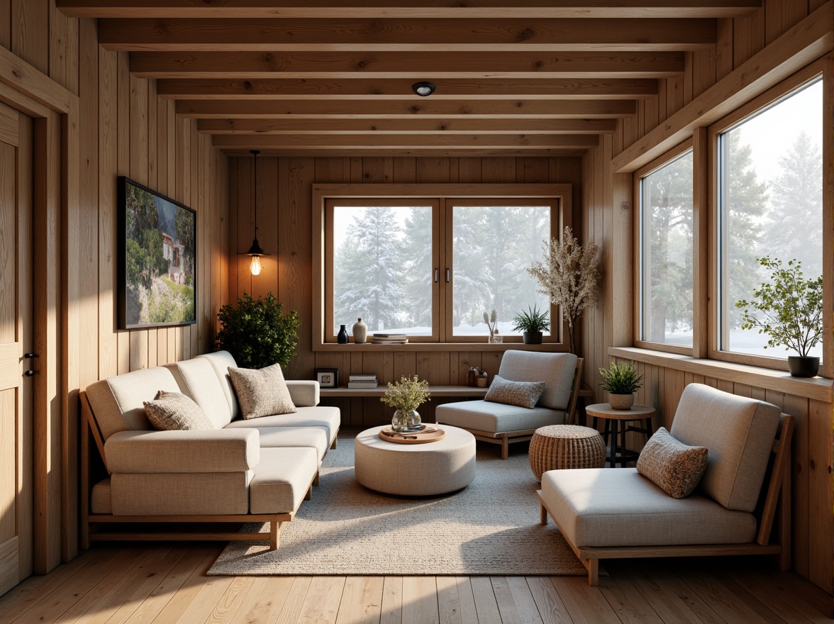 Prompt: Rustic Nordic cabin, natural wooden textures, reclaimed wood accents, eco-friendly insulation, energy-efficient windows, minimalist interior design, cozy reading nooks, woven wool textiles, organic linen fabrics, earthy color palette, soft diffused lighting, shallow depth of field, 1/1 composition, realistic rendering, ambient occlusion, peaceful forest surroundings, misty morning atmosphere, subtle snowflakes.