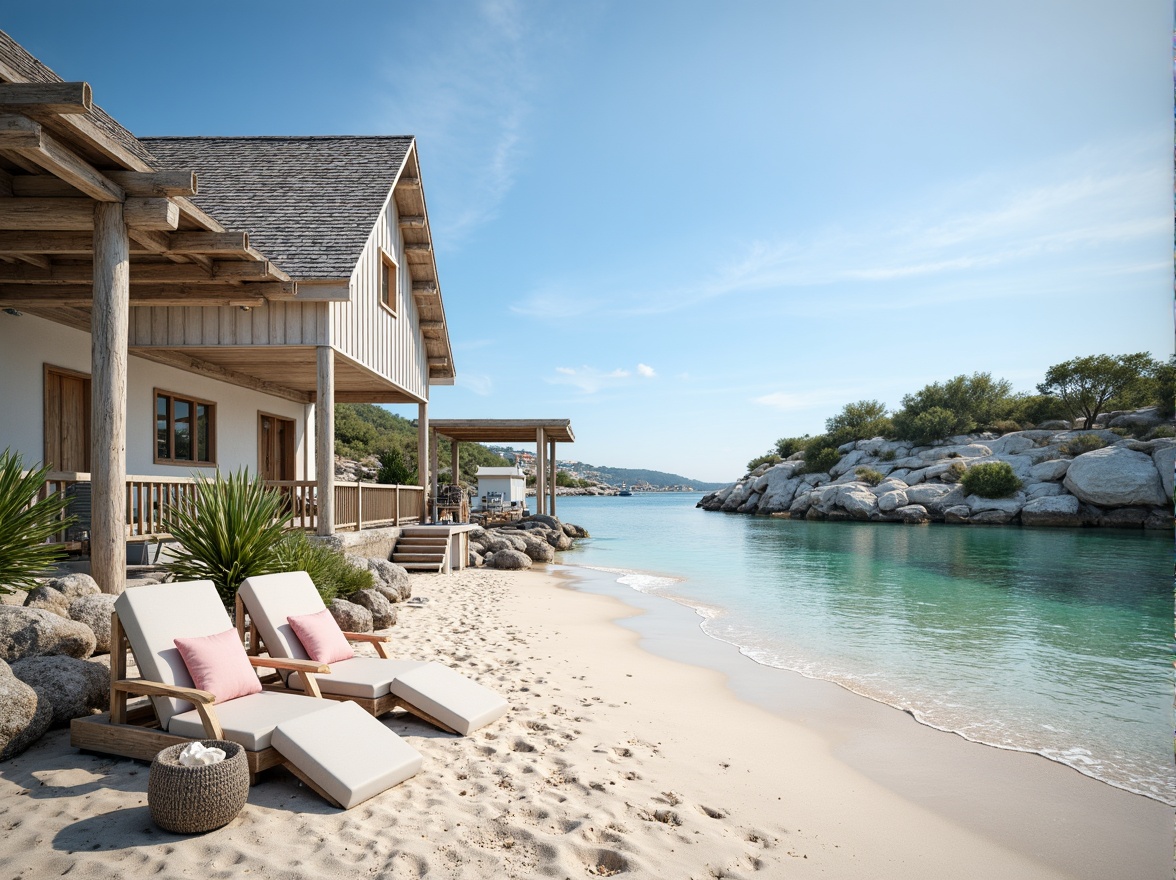 Prompt: Coastal cottage, soft sandy beaches, clear blue waters, driftwood accents, weathered shingles, nautical ropes, vintage lighthouses, sea salt air, calming atmosphere, gentle ocean breeze, warm sunny day, shallow depth of field, 1/1 composition, soft focus, natural textures, subtle color grading, serene mood, palette featuring soothing blues (#87CEEB), whites (#FFFFFF), weathered woods (#969696), and coral pinks (#FFC67D).