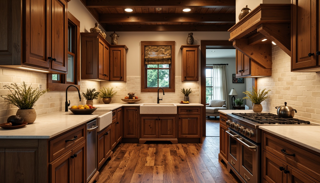 Prompt: Warm kitchen ambiance, rustic wood cabinetry, earthy brown tones, ornate metal hardware, decorative corbels, richly stained wooden floors, creamy white countertops, farmhouse sink, classic Shaker-style cabinets, soft warm lighting, natural stone backsplashes, vintage-inspired appliances, distressed finishes, traditional craftsmanship, 1/1 composition, shallow depth of field, realistic textures.