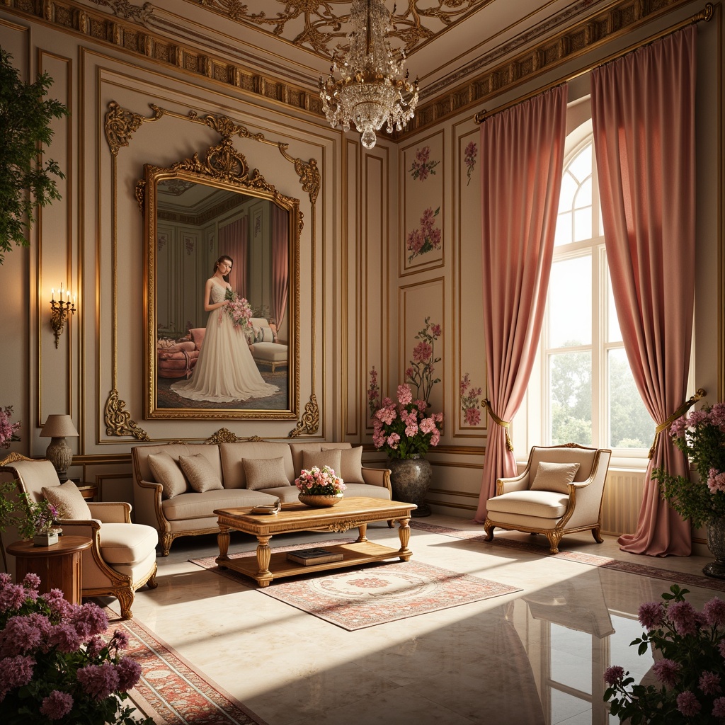 Prompt: Opulent palace interior, lavish furnishings, ornate gold accents, soft pastel hues, delicate florals, intricate patterns, velvet drapes, crystal chandeliers, marble floors, rich wood paneling, curved lines, whimsical illustrations, dreamy lighting, warm candle glow, shallow depth of field, 1/1 composition, romantic atmosphere, luxurious textures, subtle gradient effects.