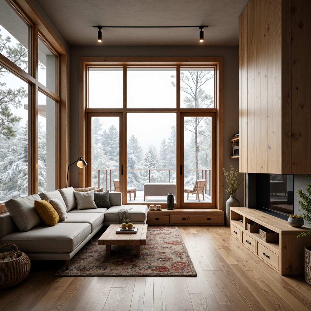 Prompt: Cozy living room, light-filled space, wooden accents, minimalistic furniture, sleek lines, Nordic-inspired decor, comfortable sofas, natural textiles, woven baskets, industrial-chic lighting, large windows, snowy winter day, soft warm lighting, shallow depth of field, 1/1 composition, intimate atmosphere, realistic wood grains, ambient occlusion.