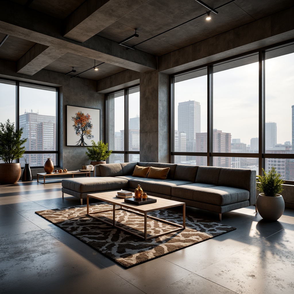 Prompt: Minimalist coffee table, sleek metal legs, low-profile design, luxurious velvet sofa, tufted upholstery, chrome accents, geometric patterned rug, floor-to-ceiling windows, urban cityscape views, industrial-chic lighting fixtures, exposed ductwork, polished concrete floors, modern abstract artwork, greenery-filled planters, ambient warm lighting, soft focus blur, 1/1 composition, shallow depth of field, realistic textures, subtle color palette.