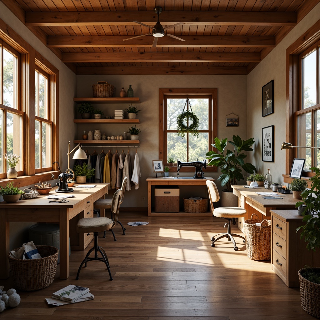 Prompt: Cozy craft room, natural wood accents, rustic wooden tables, ergonomic stools, adjustable task lamps, built-in shelving units, woven baskets, vintage sewing machines, scattered fabric scraps, soft warm lighting, shallow depth of field, 1/1 composition, realistic textures, ambient occlusion.