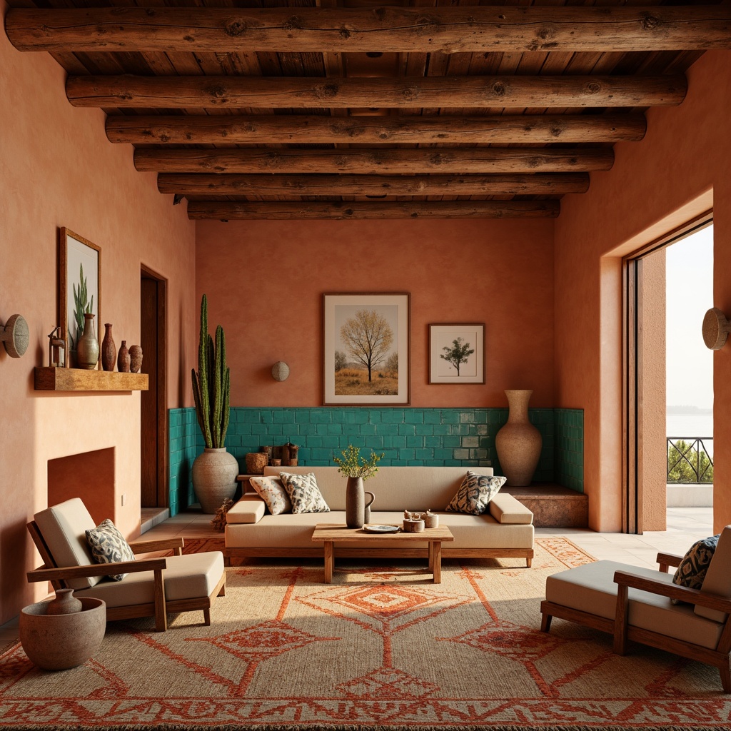 Prompt: Earthy Southwestern interior, warm terracotta walls, rustic wooden accents, vibrant turquoise decorative tiles, soft sandy beige furniture, woven jute rugs, natural fiber textiles, bold red and orange geometric patterns, distressed leather upholstery, reclaimed wood beams, clay pottery vases, cactus-inspired sculptures, warm golden lighting, shallow depth of field, 1/1 composition, realistic textures, ambient occlusion.