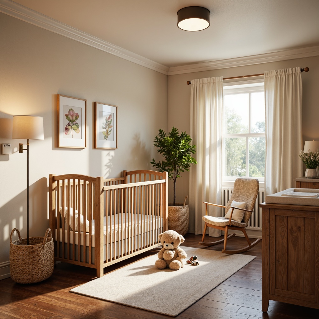 Prompt: Cozy baby nursery, wooden crib, plush toys, soft pastel colors, warm beige walls, vintage furniture pieces, distressed wood accents, comfortable glider rocker, woven baskets, natural fiber rugs, earthy tone fabrics, subtle nature-inspired patterns, warm LED floor lamps, creamy white curtains, classic wooden changing table, ornate metal fixtures, rustic window frames, serene morning light, shallow depth of field, 1/1 composition, realistic textures, ambient occlusion.