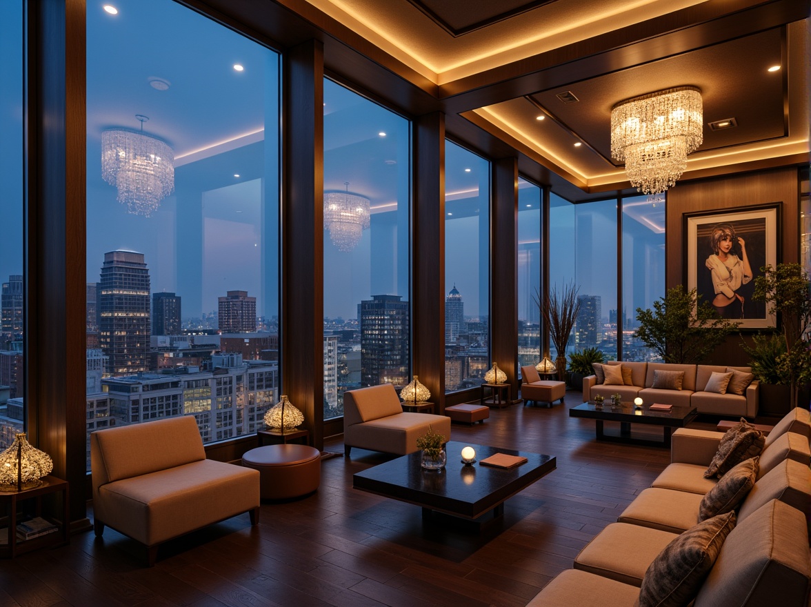 Prompt: Luxurious penthouse interior, high ceilings, floor-to-ceiling windows, modern lighting fixtures, crystal chandeliers, sleek LED strips, warm ambient glow, dimmable settings, recessed ceiling lights, minimalist pendant lamps, metallic finishes, sophisticated color palette, elegant textures, urban cityscape views, dramatic night skyline, soft box lighting, 1/1 composition, cinematic mood lighting, realistic reflections.