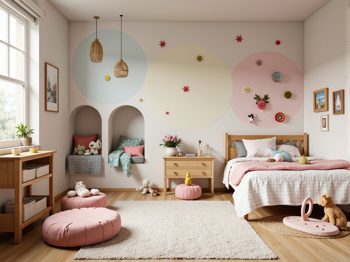 Prompt: Whimsical kids' bedroom, soft pastel colors, plush area rugs, cozy throw blankets, vibrant patterned bedding, sturdy wooden furniture, comfortable reading nooks, soothing warm lighting, natural fiber textiles, gentle color palette, playful polka dots, sweet florals, fun geometric shapes, durable easy-clean fabrics, kid-friendly materials, safe non-toxic dyes, breathable mesh panels, ergonomic design, adaptive temperature control, calming ambiance, serene atmosphere.