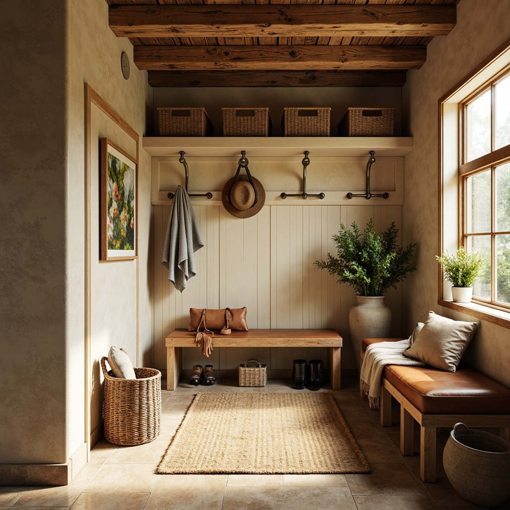 Prompt: Rustic mudroom, earthy tones, warm beige walls, distressed wood accents, natural stone flooring, woven baskets, vintage metal hooks, soft cream-colored cabinetry, rich brown leather benches, industrial-style lighting fixtures, exposed brick details, cozy throw blankets, nature-inspired artwork, warm golden lighting, shallow depth of field, 1/1 composition, realistic textures, ambient occlusion.