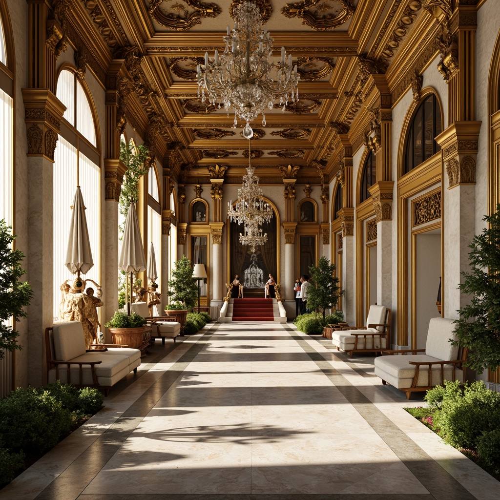 Prompt: Ornate Baroque palace, grandiose golden accents, intricately carved metal details, lavish crystal chandeliers, opulent marble floors, sweeping staircases, regal throne rooms, majestic archways, ornamental fountains, lush greenery, warm sunny day, soft natural light, shallow depth of field, 1/2 composition, realistic textures, ambient occlusion.