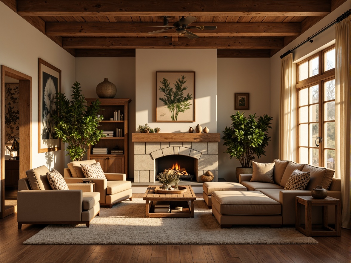 Prompt: Cozy living room, warm beige walls, rich walnut wood accents, plush velvet sofas, soft golden lighting, inviting earthy tones, natural stone fireplace, comfortable sectional seating, elegant cream-colored curtains, lush greenery, botanical prints, rustic wooden coffee tables, warm terracotta floors, atmospheric misty morning, shallow depth of field, 1/1 composition, realistic textures, ambient occlusion.