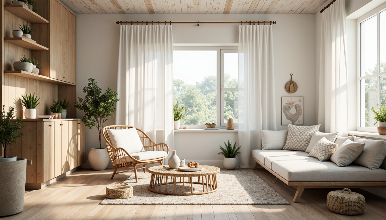 Prompt: Light-filled Scandinavian interior, airy atmosphere, soft wooden textures, minimal ornamentation, calm color palette, soothing whites, creams, and grays, subtle pastel accents, natural materials, woven textiles, rattan furniture, earthy tones, moss greenery, gentle morning light, warm candlelight, shallow depth of field, 1/1 composition, realistic wood grain, ambient occlusion.