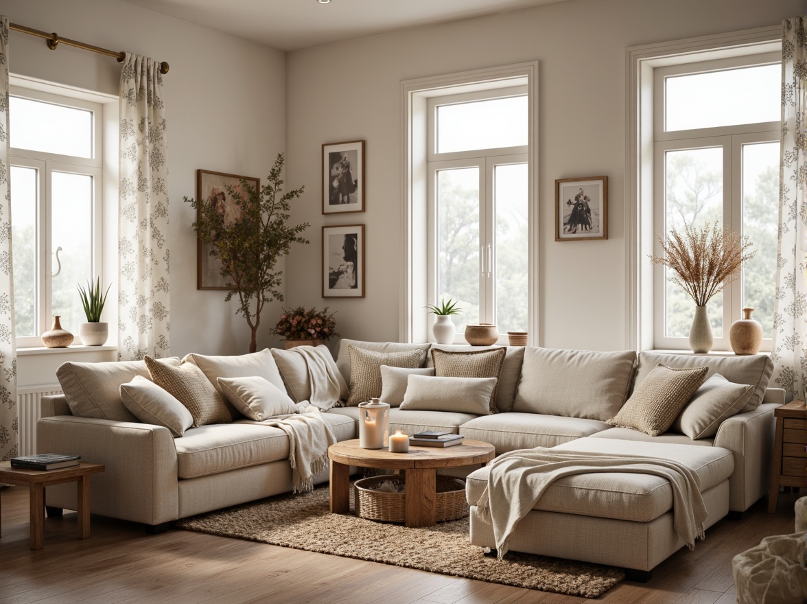 Prompt: Cozy Scandinavian living room, plush throw blankets, natural wood accents, creamy white walls, woven jute rugs, linen upholstery, minimalist decor, soft warm lighting, candles, Nordic-inspired patterns, subtle earthy tones, organic textures, rustic wooden furniture, cozy reading nook, floor-to-ceiling windows, snowflake-patterned curtains, peaceful morning atmosphere, shallow depth of field, 1/2 composition, realistic rendering.