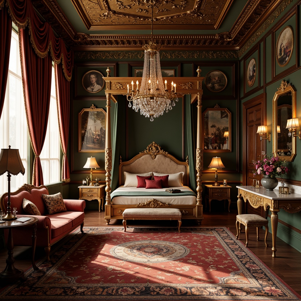 Prompt: Ornate vintage furniture, luxurious velvet fabrics, intricate wooden carvings, elegant crystal chandeliers, richly patterned rugs, ornamental mirrors, sophisticated wall art, lavish drapery, antique bronze fixtures, refined marble countertops, majestic four-poster beds, plush satin upholstery, distressed leather accents, warm golden lighting, soft focus photography, 1/2 composition, shallow depth of field.