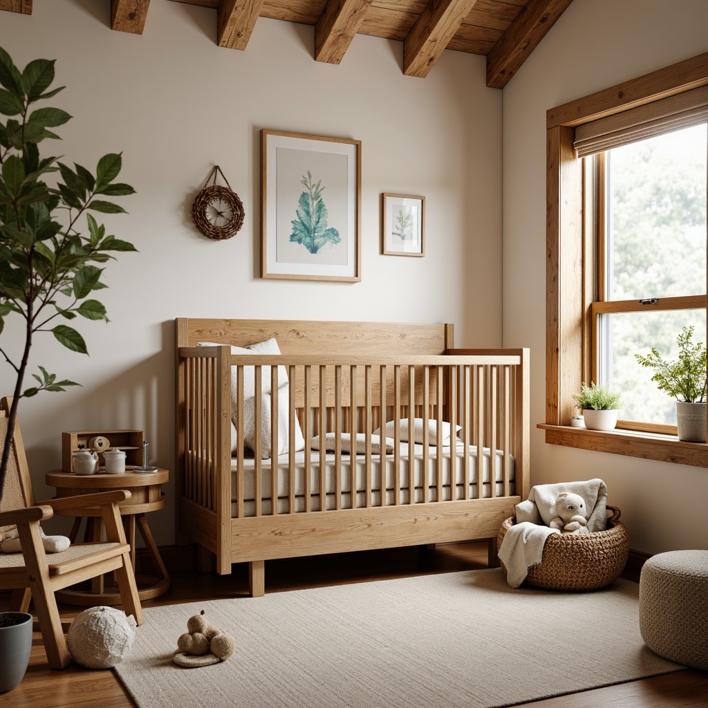 Prompt: Cozy craftsman-style nursery, wooden crib, plush toys, soft pastel colors, natural textiles, woven baskets, rustic wood furniture, vintage-inspired decor, earthy tones, floral patterns, distressed finishes, warm ambient lighting, shallow depth of field, 1/1 composition, intimate atmosphere, realistic wood textures, subtle shadows.