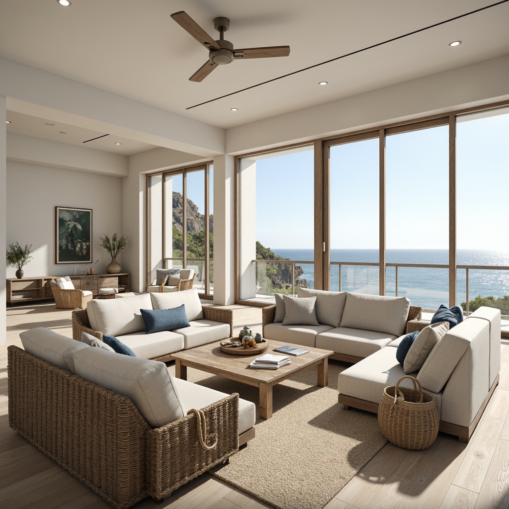 Prompt: Airy open-plan living room, coastal vibe, driftwood furniture, natural textures, woven fibers, sea-inspired accents, calming color palette, soft whites, blues and sandy neutrals, ocean views, floor-to-ceiling windows, sliding glass doors, minimalist decor, nautical accessories, rope details, woven baskets, linen upholstery, distressed wood flooring, beachy ambiance, warm sunny day, shallow depth of field, 1/1 composition, realistic textures, ambient occlusion.