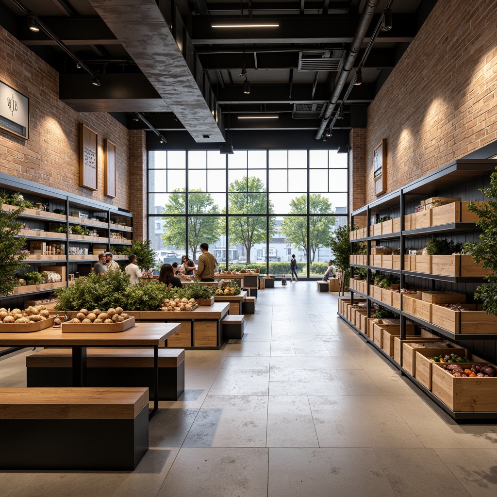 Prompt: Minimalist grocery store interior, industrial chic aesthetic, exposed brick walls, polished concrete floors, sleek metal shelves, modern wooden crates, subtle LED lighting, neutral color palette, natural textiles, reclaimed wood accents, open ceiling, industrial-style ductwork, geometric floor tiles, abundant natural light, airy atmosphere, 1/1 composition, soft focus, realistic textures, ambient occlusion.