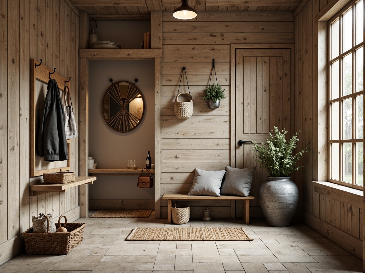 Prompt: Rustic mudroom, farmhouse style, natural stone flooring, distressed wood planks, reclaimed barnwood accents, earthy tone color palette, warm soft lighting, shallow depth of field, 1/2 composition, realistic textures, ambient occlusion, cozy atmosphere, vintage decorative items, woven baskets, galvanized metal buckets, natural fiber rugs, country-inspired decor.