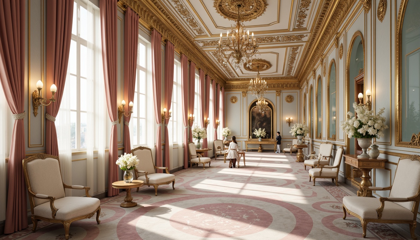 Prompt: Luxurious palace interior, ornate furnishings, golden accents, soft pastel hues, pale pink, baby blue, creamy white, rich velvet fabrics, intricate patterns, Baroque architecture, grand chandeliers, crystal prisms, delicate lace, whimsical florals, romantic ambiance, warm candlelight, shallow depth of field, 1/1 composition, soft focus, atmospheric perspective.