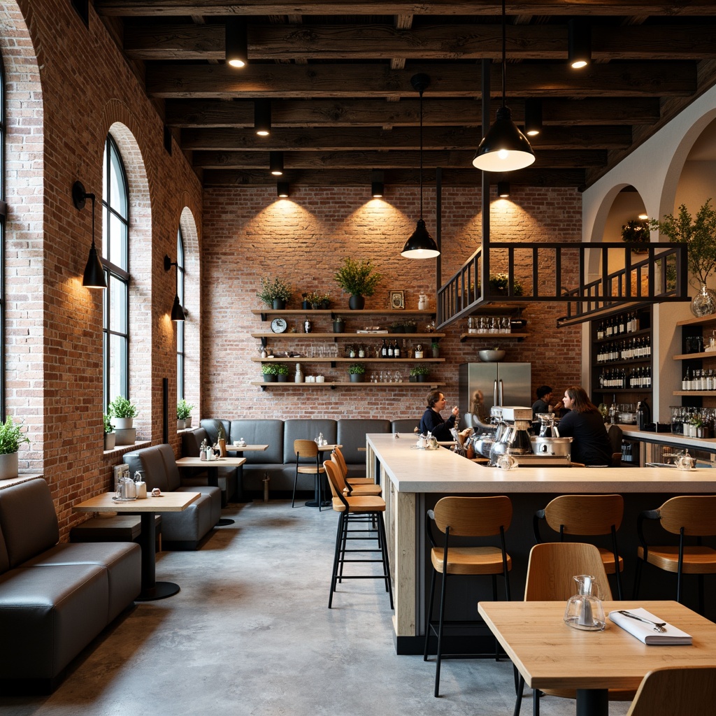 Prompt: Industrial-chic coffee shop, exposed brick walls, reclaimed wood accents, metallic decorative trim, polished concrete floors, modern minimalist decor, warm cozy ambiance, soft natural lighting, 1/1 composition, shallow depth of field, realistic textures, ambient occlusion.