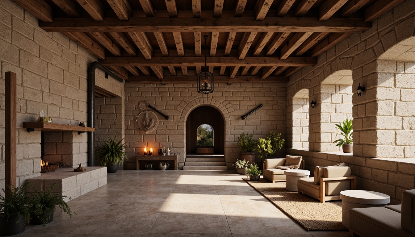 Prompt: Rustic monastery, stone walls, wooden beams, exposed brick, metal accents, industrial pipes, reclaimed wood, natural textiles, earthy tones, warm lighting, soft shadows, minimalist decor, simple furniture, candles, lanterns, prayer wheels, meditation spaces, serene atmosphere, shallow depth of field, 3/4 composition, realistic textures, ambient occlusion.