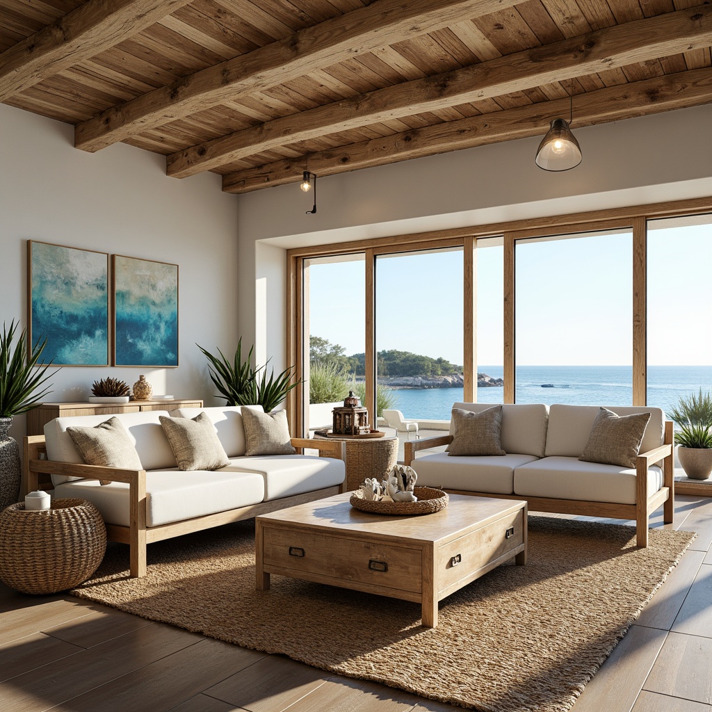 Prompt: Driftwood-finished wooden furniture, ocean-blue accent walls, natural linen upholstery, woven sea grass rugs, distressed coral-colored coffee tables, nautical-themed decorative accessories, shells, starfish, fish-shaped decorative items, beachy lighting fixtures, airy open spaces, floor-to-ceiling windows, sliding glass doors, panoramic ocean views, sunny day, soft warm lighting, shallow depth of field, 3/4 composition, natural textures, ambient occlusion.