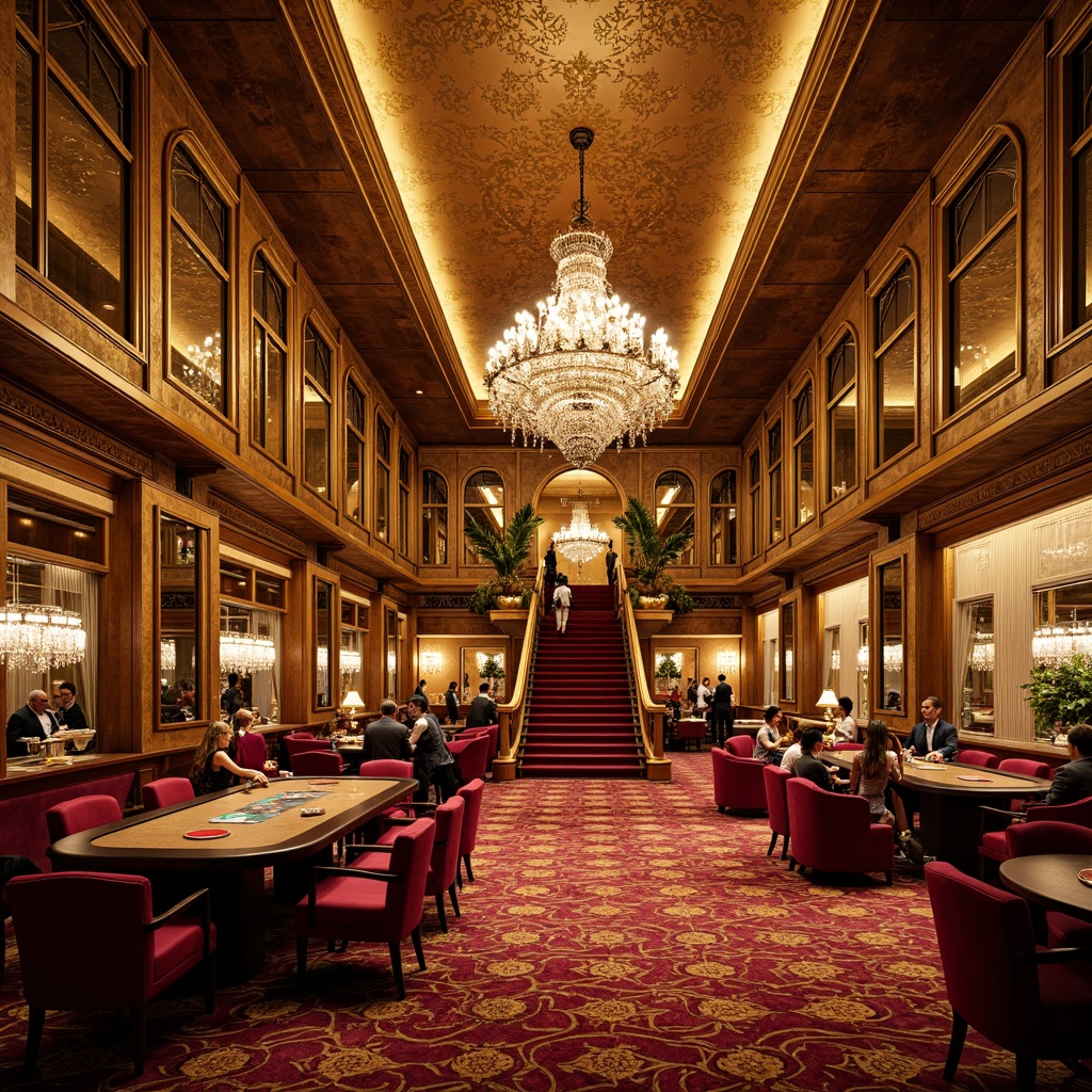 Prompt: Luxurious casino interior, ornate gold leaf detailing, intricate carvings, curved lines, plush velvet fabrics, rich jewel-toned colors, crystal chandeliers, grand staircase, Baroque-inspired architectural elements, gilded mirrors, lavish furnishings, opulent atmosphere, warm soft lighting, shallow depth of field, 1/1 composition, realistic textures, ambient occlusion.