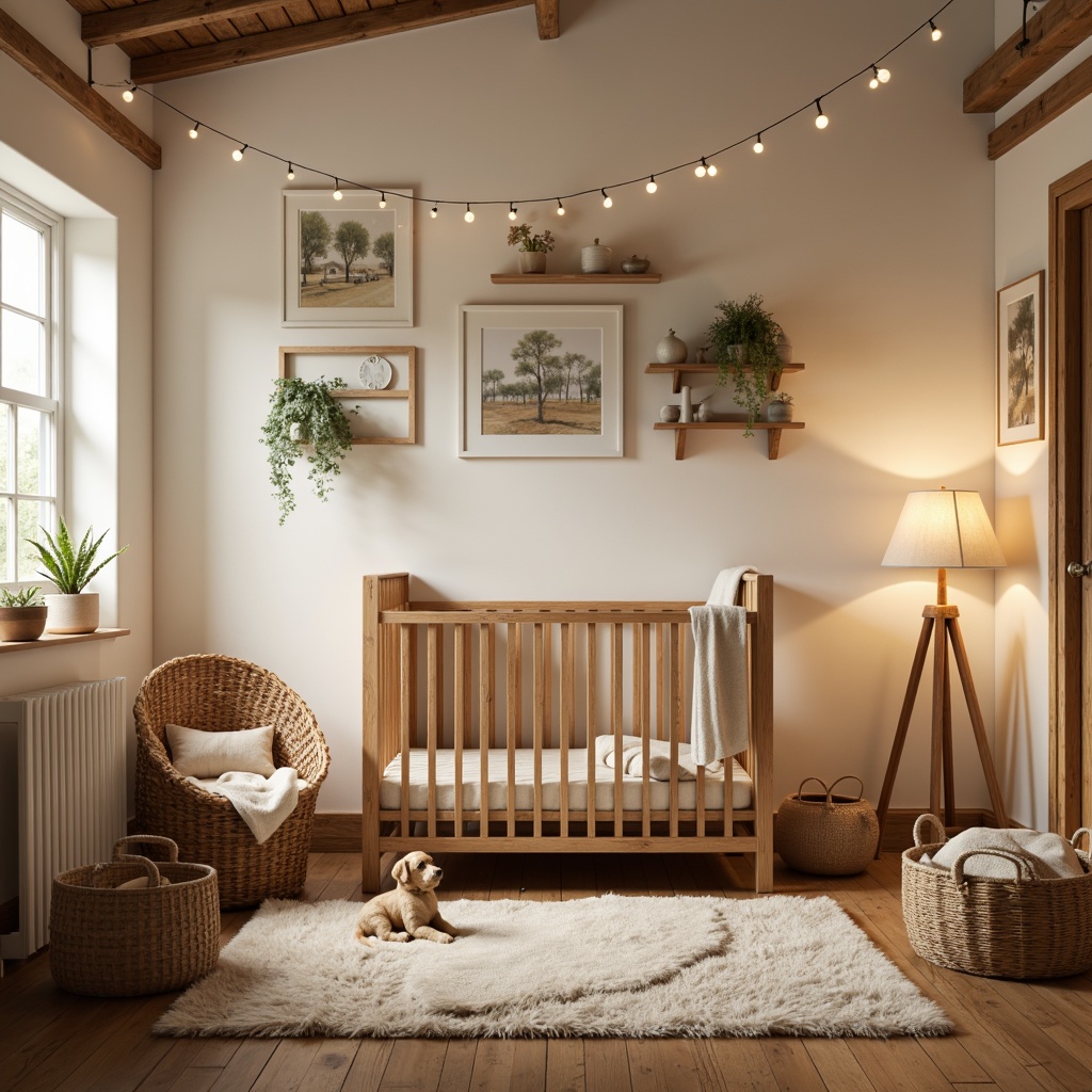 Prompt: Cozy nursery, warm wooden accents, soft cream colors, vintage decorative items, plush area rug, natural woven baskets, rustic metal fixtures, warm white lighting, table lamps with linen shades, floor lamps with wood tones, string lights with tiny bulbs, warm ambient glow, shallow depth of field, 1/1 composition, realistic textures, softbox lighting.