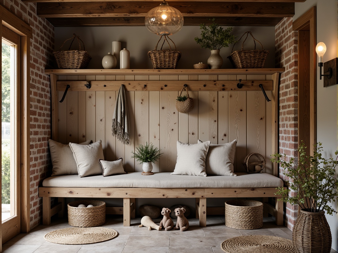 Prompt: Rustic mudroom, farmhouse decor, distressed wood bench, plush cushions, natural linen upholstery, woven baskets, vintage metal accents, earthy color palette, exposed brick walls, wooden beams, pendant lighting, cozy atmosphere, soft warm glow, shallow depth of field, 1/1 composition, realistic textures, ambient occlusion.