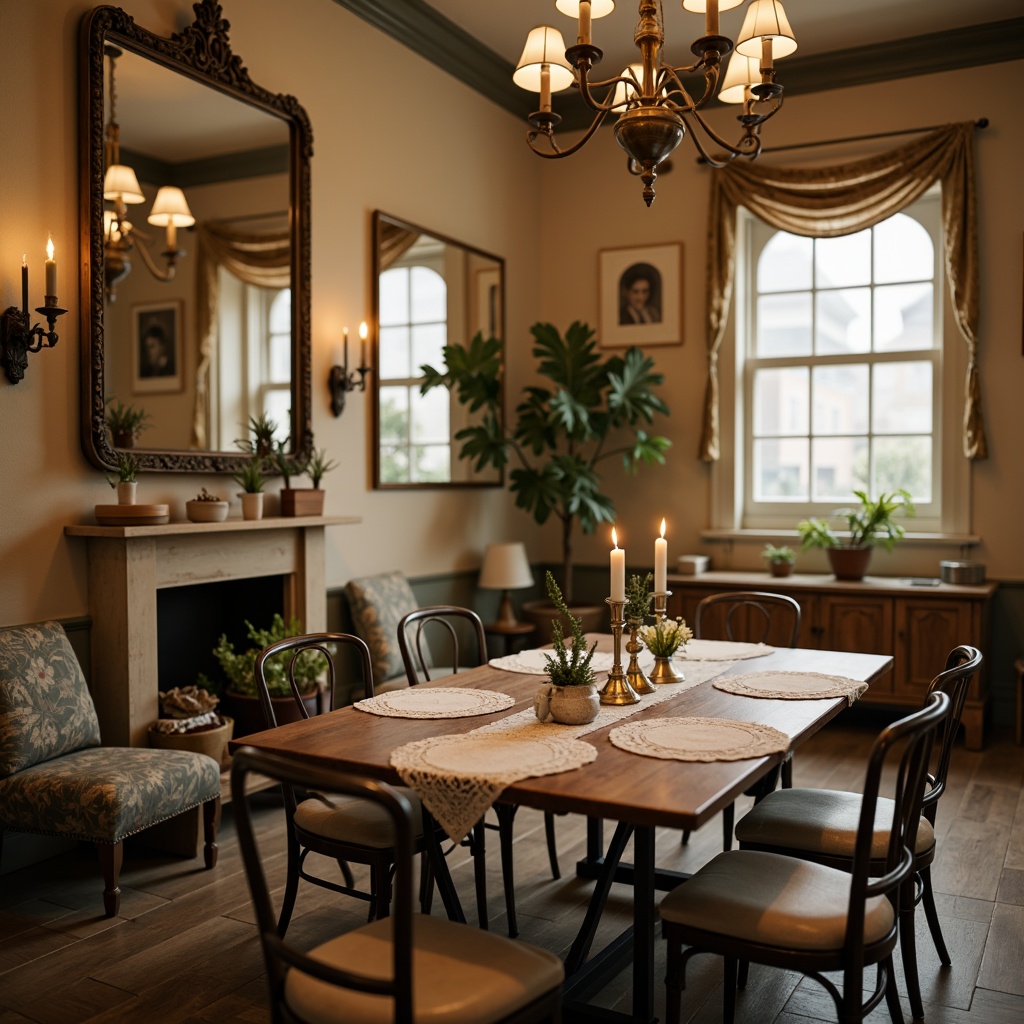 Prompt: Distressed wooden dining table, vintage metal chairs, lace tablecloth, soft candlelight, warm beige walls, floral patterned upholstery, distressed finishes, ornate mirrors, rustic wooden floors, natural fabrics, pastel color palette, elegant chandeliers, subtle texture overlays, shallow depth of field, 1/1 composition, realistic lighting effects.