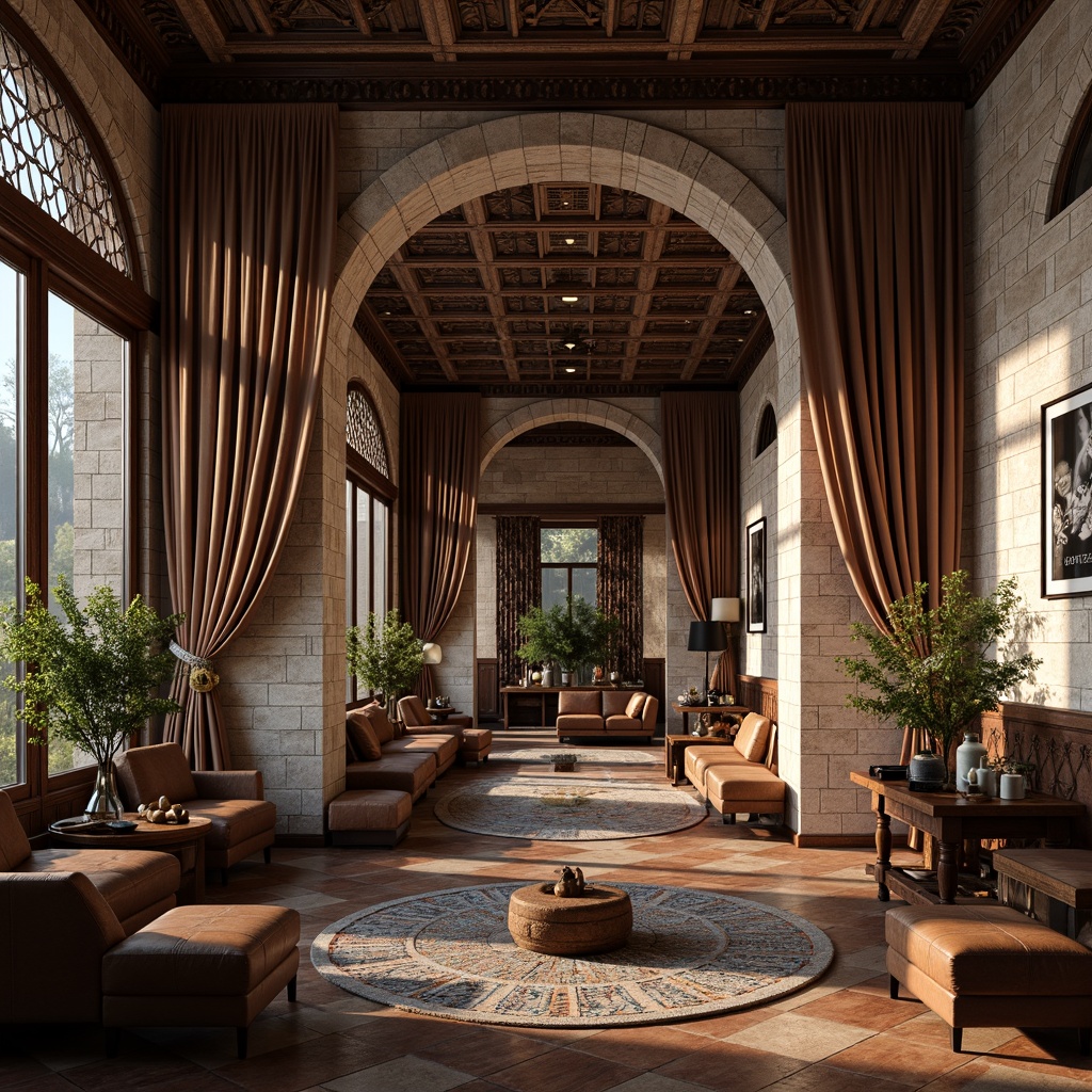 Prompt: Richly textured stone walls, intricately carved wooden panels, ornate metallic accents, lavish velvet drapes, rustic brick archways, distressed leather furnishings, warm natural wood flooring, subtle gradient glass surfaces, elaborate mosaic patterns, soft ambient lighting, shallow depth of field, 1/1 composition, realistic renderings, atmospheric perspective.