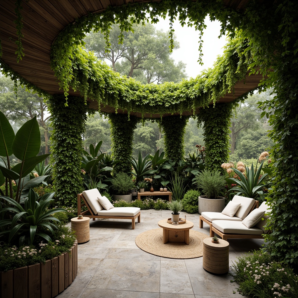 Prompt: Lush green walls, living trees, natural stone floors, reclaimed wood accents, organic curves, abundant natural light, airy atmosphere, misting systems, tropical plants, vibrant floral arrangements, earthy scent, warm color palette, cozy nooks, woven textiles, rattan furniture, natural fiber rugs, soft diffused lighting, 1/1 composition, intimate scale, harmonious color scheme, realistic plant textures, ambient occlusion.