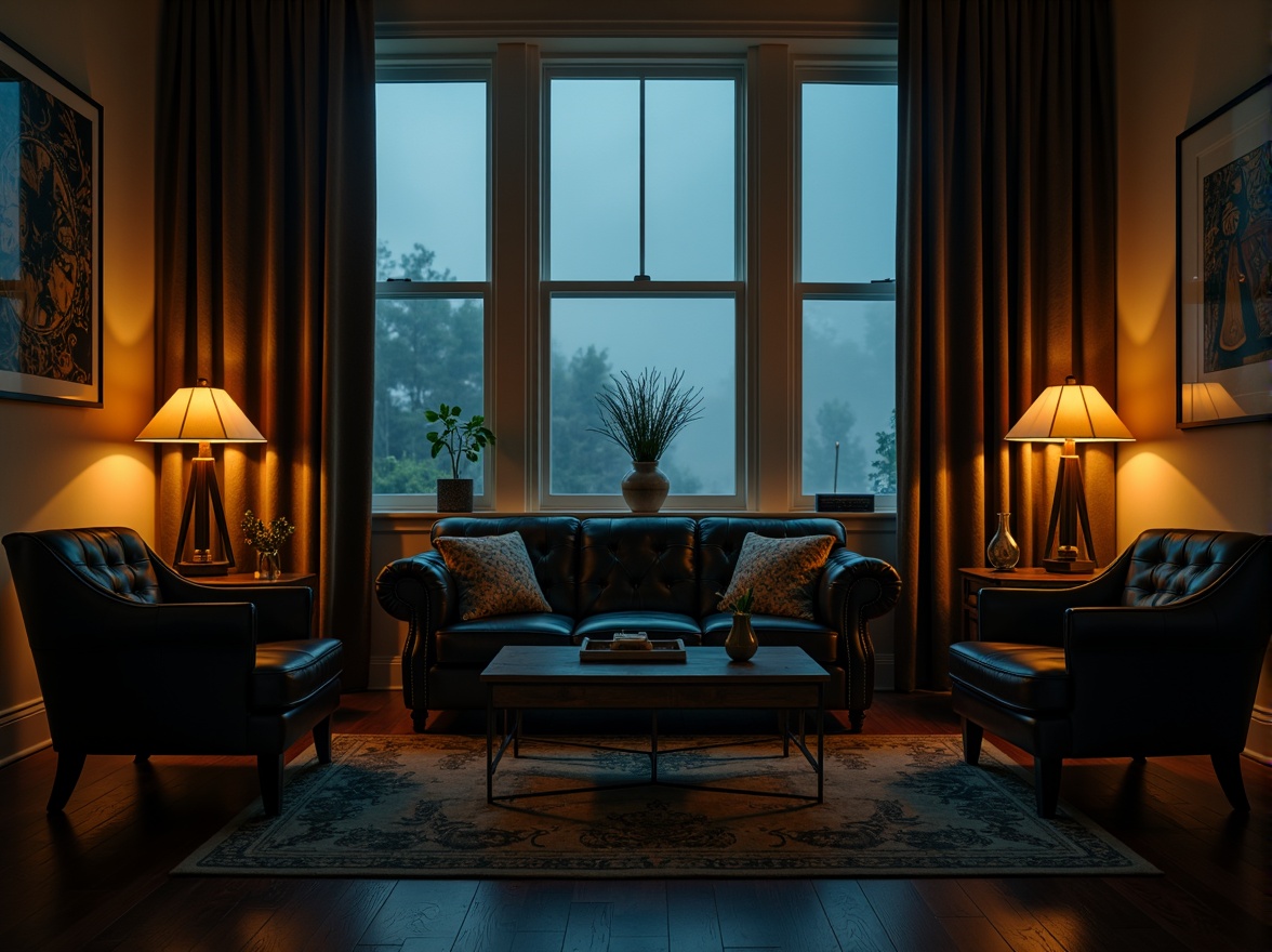 Prompt: Luxurious dark leather sofa, rich velvet armchairs, mysterious dimly lit room, atmospheric candlelight, foggy misty windows, dramatic curtains, bold abstract artwork, sleek metal accents, polished wooden floors, vintage decorative objects, moody color palette, intimate cozy setting, low-key lighting, cinematic composition, shallow depth of field, warm golden tones, sophisticated ambiance.