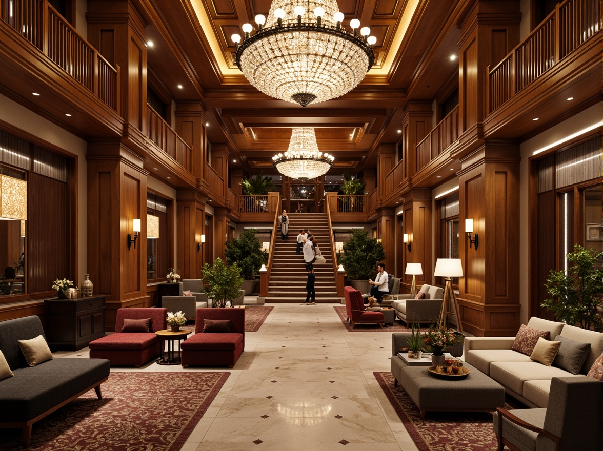 Prompt: Luxurious hotel lobby, opulent chandeliers, rich wood tones, velvet upholstery, intricately carved furniture, ornate mirrors, crystal fixtures, marble floors, grand staircases, elegant archways, refined classic lines, subtle ornamentation, warm golden lighting, shallow depth of field, 1/2 composition, soft focus, realistic textures.