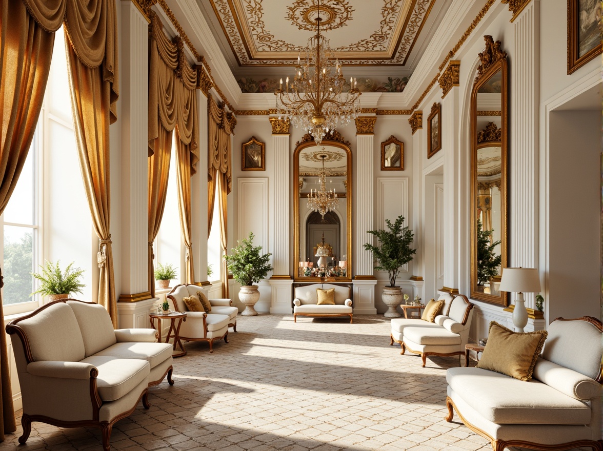 Prompt: Opulent Rococo-style interior, lavish furnishings, ornate mirrors, gilded frames, intricate tile patterns, hexagonal mosaics, floral motifs, soft pastel hues, creamy whites, warm golden lighting, shallow depth of field, 1/1 composition, realistic textures, ambient occlusion, luxurious fabrics, velvet drapes, crystal chandeliers, grandiose architecture, sweeping curves, ornate plasterwork.