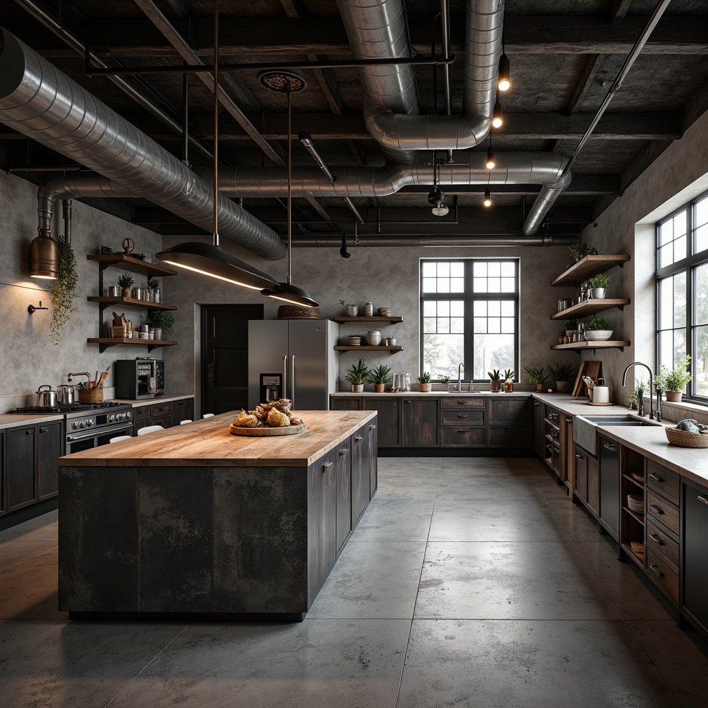 Prompt: Industrial kitchen space, exposed ductwork, concrete floors, rough-hewn wood countertops, weathered metal cabinets, distressed finishes, industrial-style lighting fixtures, raw Edison bulbs, urban loft atmosphere, minimalist decor, functional simplicity, brutalist architectural influence, cold monochromatic color palette, high-contrast shadows, dramatic spotlights, 1/1 composition, low-angle photography, realistic rendering, ambient occlusion.