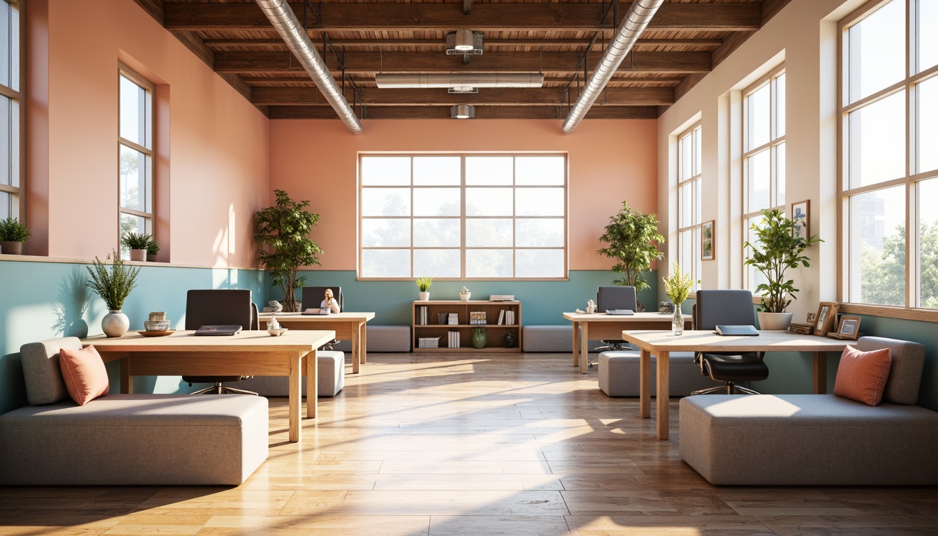 Prompt: Vibrant modern office space, sleek minimalist desks, ergonomic chairs, pastel color scheme, soft peach walls, calming blue accents, natural wood flooring, industrial metal fixtures, cozy reading nooks, floor-to-ceiling windows, abundant natural light, warm afternoon sunbeams, shallow depth of field, 1/1 composition, realistic textures, ambient occlusion.