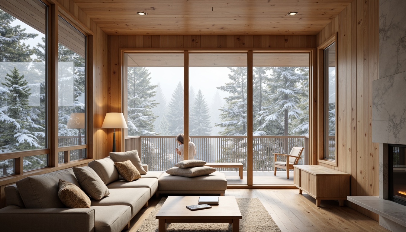 Prompt: Simple Nordic cabin, natural wood textures, clean lines, minimal ornamentation, cozy atmosphere, soft warm lighting, functional furniture, light-colored walls, wooden floors, large windows, breathtaking forest views, snow-covered trees, misty morning, shallow depth of field, 1/1 composition, realistic rendering, ambient occlusion.