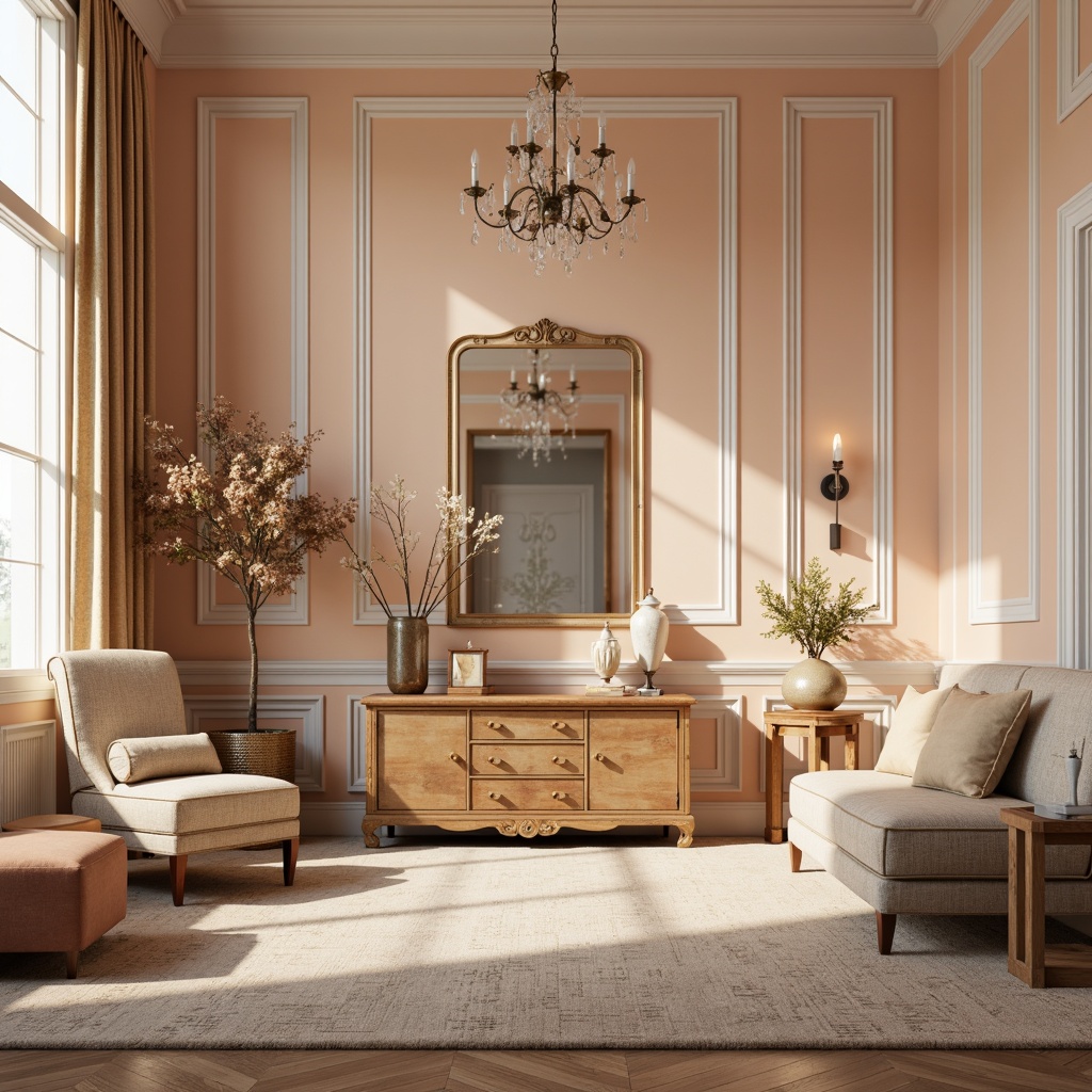 Prompt: Soft peach walls, creamy white trim, distressed wood furnishings, antique gold accents, delicate porcelain vases, ornate mirrors, plush velvet drapes, subtle sheen fabrics, warm beige carpets, elegant chandeliers, refined classic architecture, harmonious color balance, gentle softbox lighting, 1/1 composition, intimate atmosphere, realistic textures, ambient occlusion.