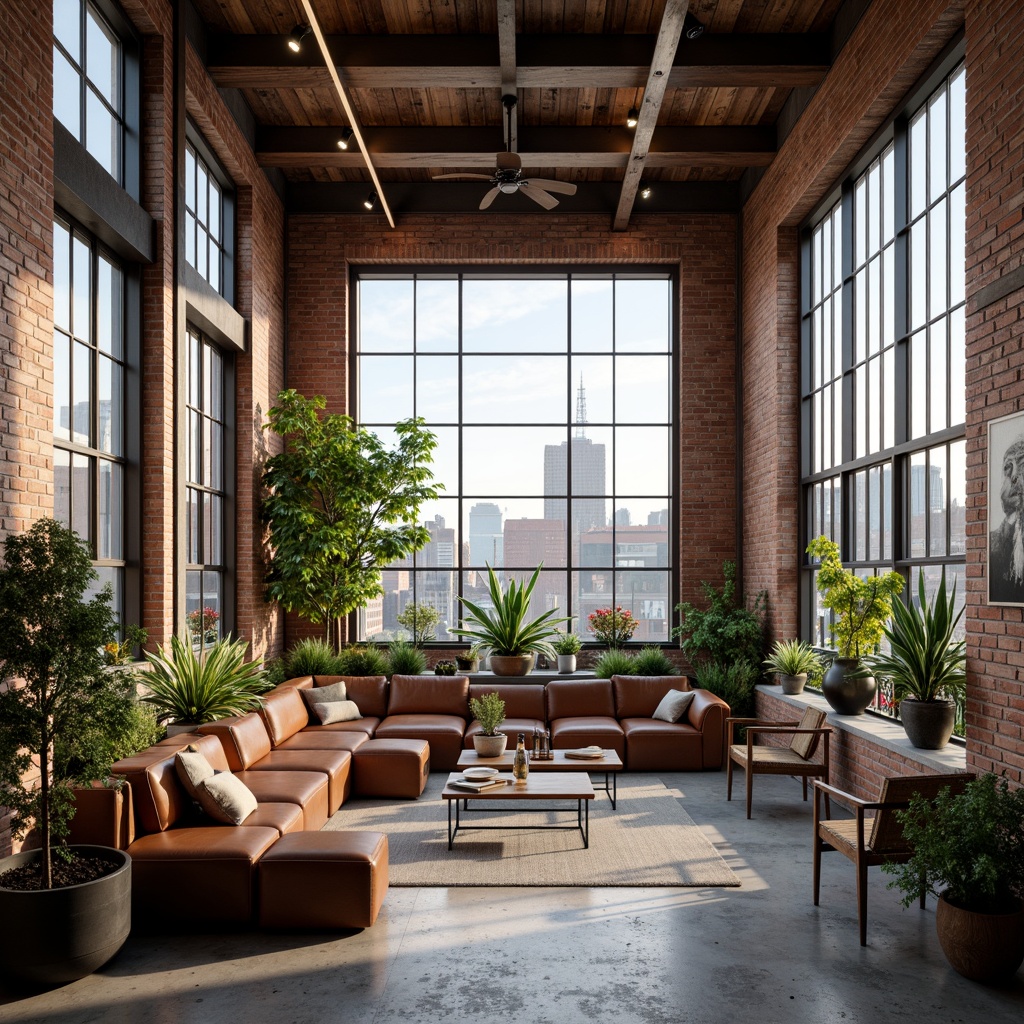 Prompt: Exposed brick walls, metal beams, reclaimed wood accents, industrial-style lighting fixtures, concrete floors, urban loft atmosphere, cozy reading nooks, minimalist decor, modern furniture pieces, floor-to-ceiling windows, natural light pouring in, cityscape views, rooftop garden, lush greenery, vibrant flowers, eclectic art pieces, distressed leather sofas, vintage decorative items, warm neutral color palette, soft ambient lighting, shallow depth of field, 1/2 composition, cinematic framing.