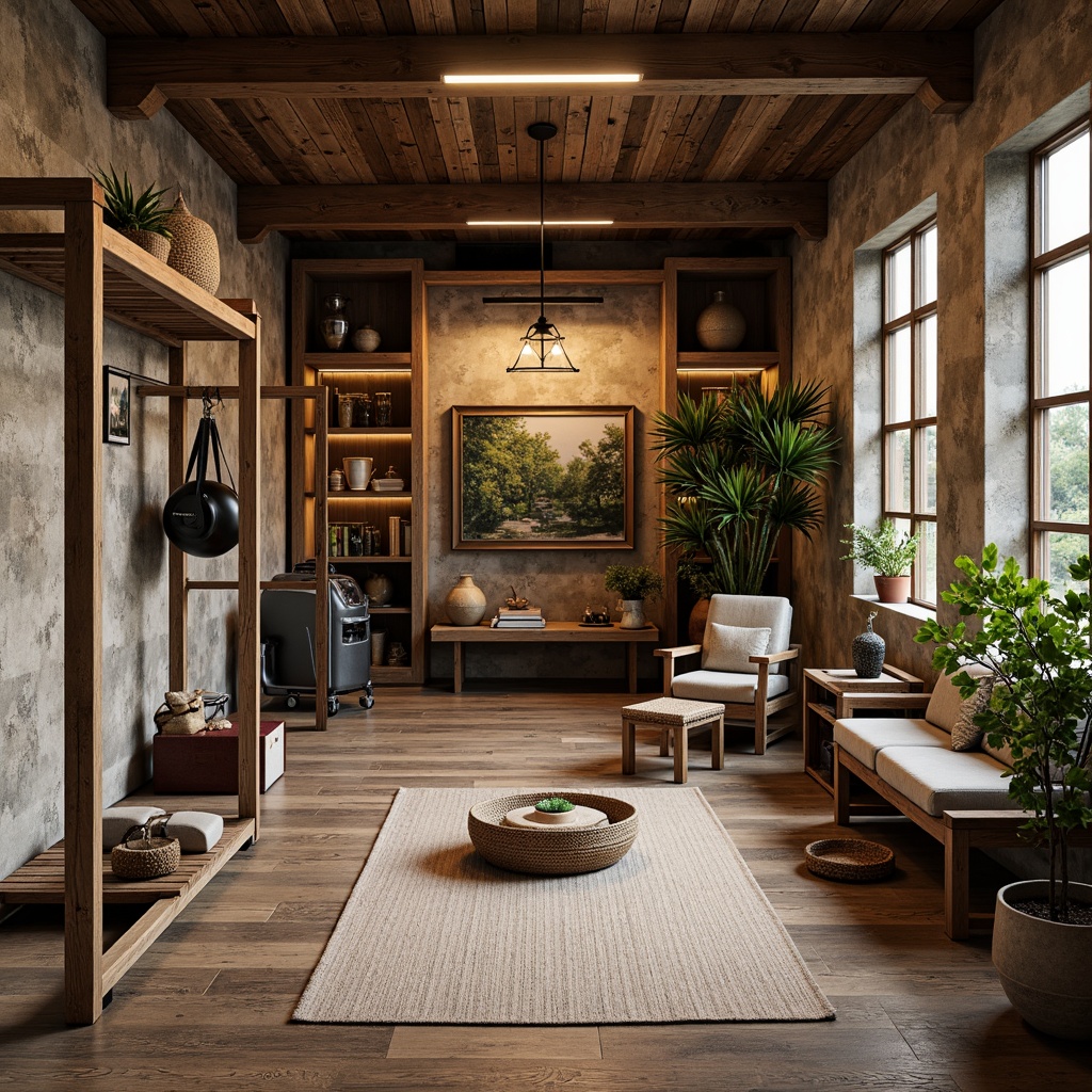 Prompt: Rustic craftsman home gym, reclaimed wood accents, natural stone walls, earthy color palette, wooden flooring, distressed metal equipment, vintage athletic artifacts, exposed beam ceiling, industrial-style lighting, woven textiles, organic patterns, botanical elements, nature-inspired murals, warm atmospheric lighting, 1/2 composition, shallow depth of field, realistic textures.